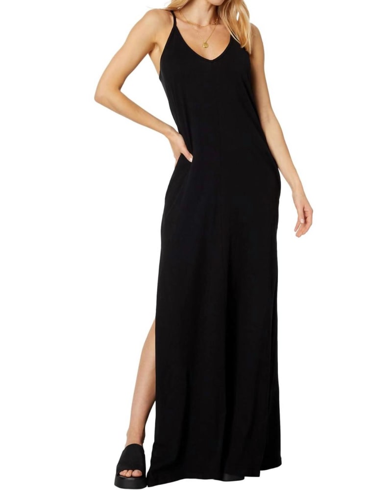 Front of a model wearing a size Large Cami Maxi Dress In Black in Black by bobi. | dia_product_style_image_id:346895
